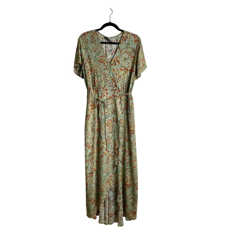 Peruvian Connection Wrap Maxi Dress 14 Sage Floral Cottagecore Boho High Low V